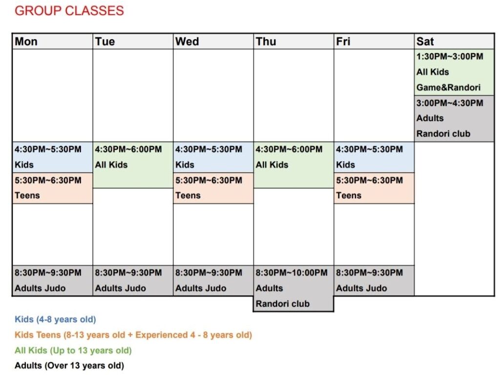 Judo club class schedule in Dubai